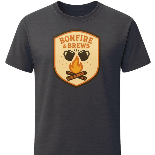 Bonfire & Brews T-Shirt In S / Dark Heather Lightweight adventure tee for outdoor lovers Perfect for hiking camping or road trips Made from soft breathable cotton for all-day comfort Ideal for nature lovers and adventurers FAYO Threads outdoor apparel remember Fun Awaits You Outside