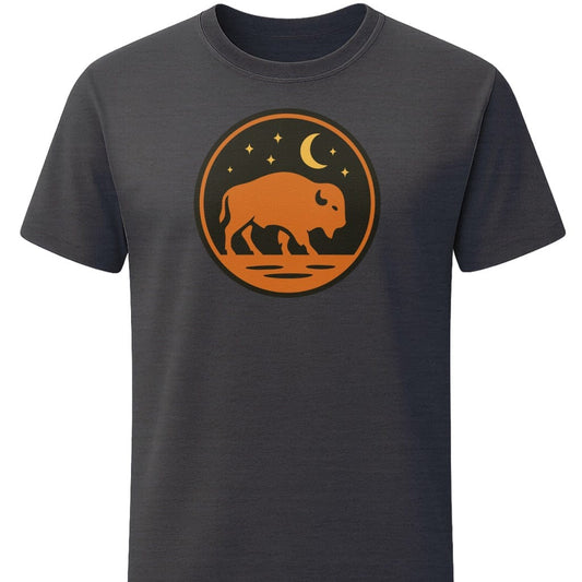 Buffalo Moon T-Shirt In S / Dark Heather Lightweight adventure tee for outdoor lovers Perfect for hiking camping or road trips Made from soft breathable cotton for all-day comfort Ideal for nature lovers and adventurers FAYO Threads outdoor apparel remember Fun Awaits You Outside