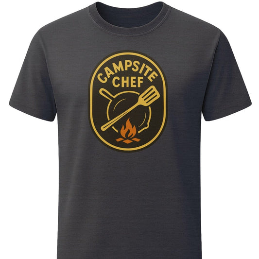 Campsite Chef T-Shirt In S / Dark Heather Lightweight adventure tee for outdoor lovers Perfect for hiking camping or road trips Made from soft breathable cotton for all-day comfort Ideal for nature lovers and adventurers FAYO Threads outdoor apparel remember Fun Awaits You Outside