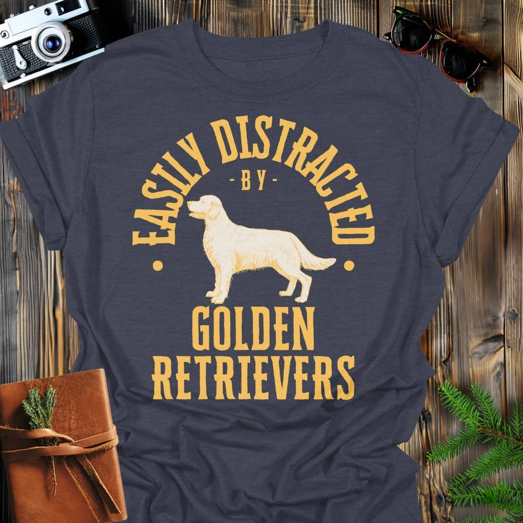 Distracted by Golden Retreivers T-Shirt In S / Dark Heather Lightweight adventure tee for outdoor lovers Perfect for hiking camping or road trips Made from soft breathable cotton for all-day comfort Ideal for nature lovers and adventurers FAYO Threads outdoor apparel remember Fun Awaits You Outside
