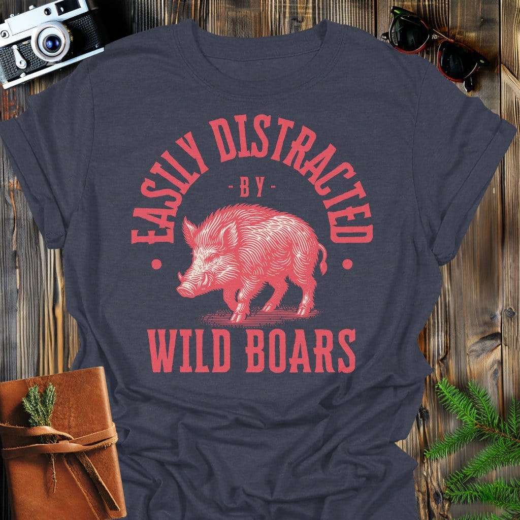 Distracted by Wild Boars T-Shirt In S / Dark Heather Lightweight adventure tee for outdoor lovers Perfect for hiking camping or road trips Made from soft breathable cotton for all-day comfort Ideal for nature lovers and adventurers FAYO Threads outdoor apparel remember Fun Awaits You Outside