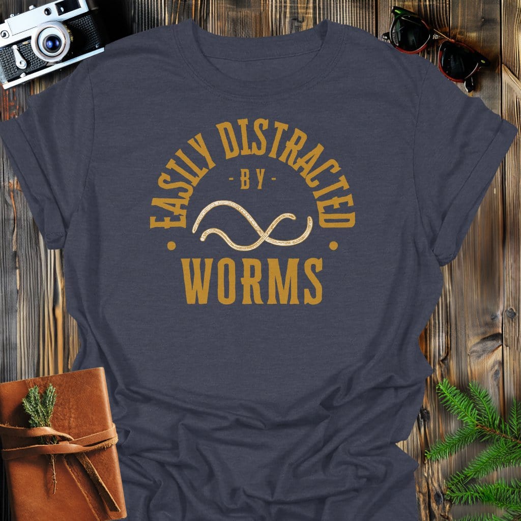 Distracted By Worms T-Shirt In S / Dark Heather Lightweight adventure tee for outdoor lovers Perfect for hiking camping or road trips Made from soft breathable cotton for all-day comfort Ideal for nature lovers and adventurers FAYO Threads outdoor apparel remember Fun Awaits You Outside
