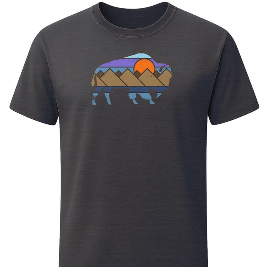 Distressed Buffalo Sunset T-Shirt In S / Dark Heather Lightweight adventure tee for outdoor lovers Perfect for hiking camping or road trips Made from soft breathable cotton for all-day comfort Ideal for nature lovers and adventurers FAYO Threads outdoor apparel remember Fun Awaits You Outside