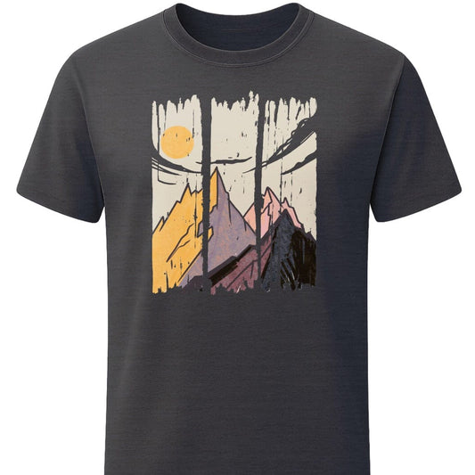 Distressed Mountain Sunset T-Shirt In S / Dark Heather Lightweight adventure tee for outdoor lovers Perfect for hiking camping or road trips Made from soft breathable cotton for all-day comfort Ideal for nature lovers and adventurers FAYO Threads outdoor apparel remember Fun Awaits You Outside