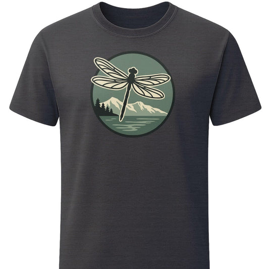 Dragonfly Mountain T-Shirt In S / Dark Heather Lightweight adventure tee for outdoor lovers Perfect for hiking camping or road trips Made from soft breathable cotton for all-day comfort Ideal for nature lovers and adventurers FAYO Threads outdoor apparel remember Fun Awaits You Outside