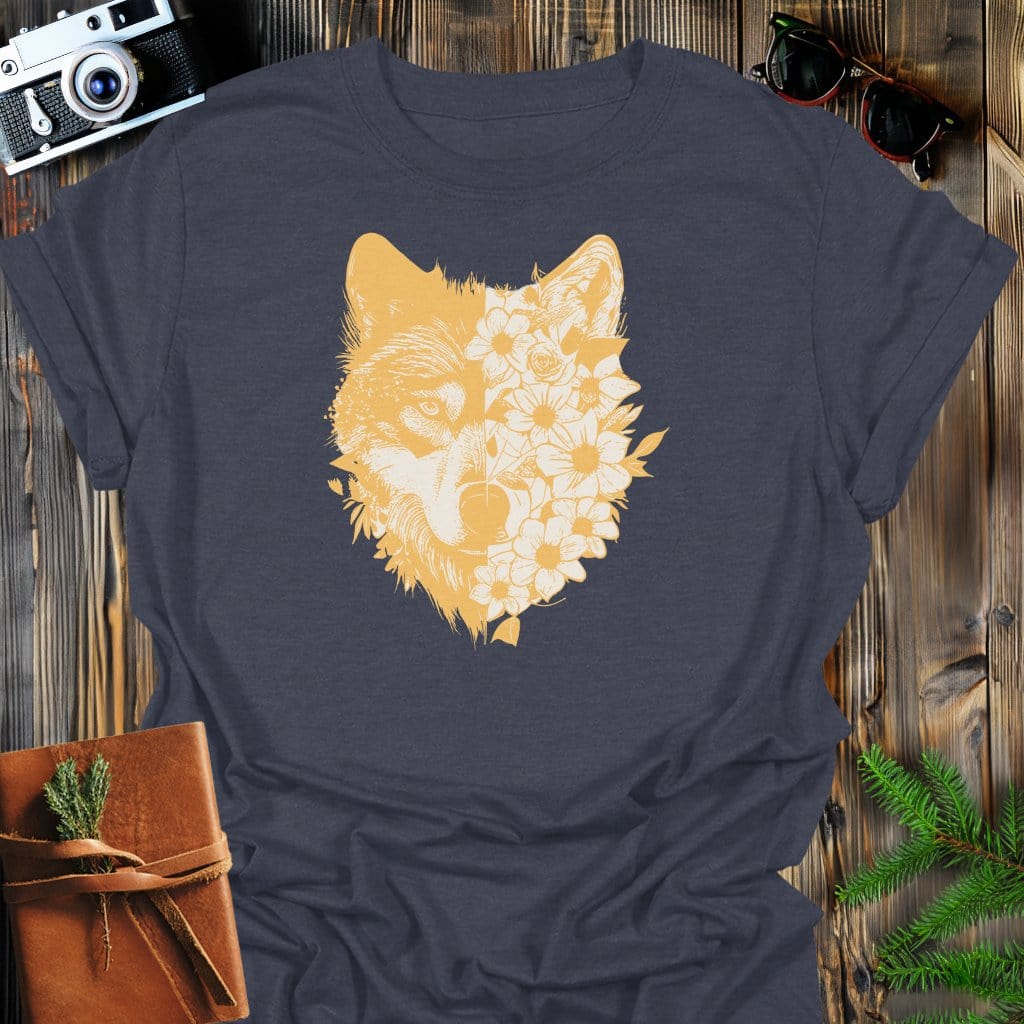 Floral Wolf T-Shirt In Dark Heather / S Lightweight adventure tee for outdoor lovers Perfect for hiking camping or road trips Made from soft breathable cotton for all-day comfort Ideal for nature lovers and adventurers FAYO Threads outdoor apparel remember Fun Awaits You Outside