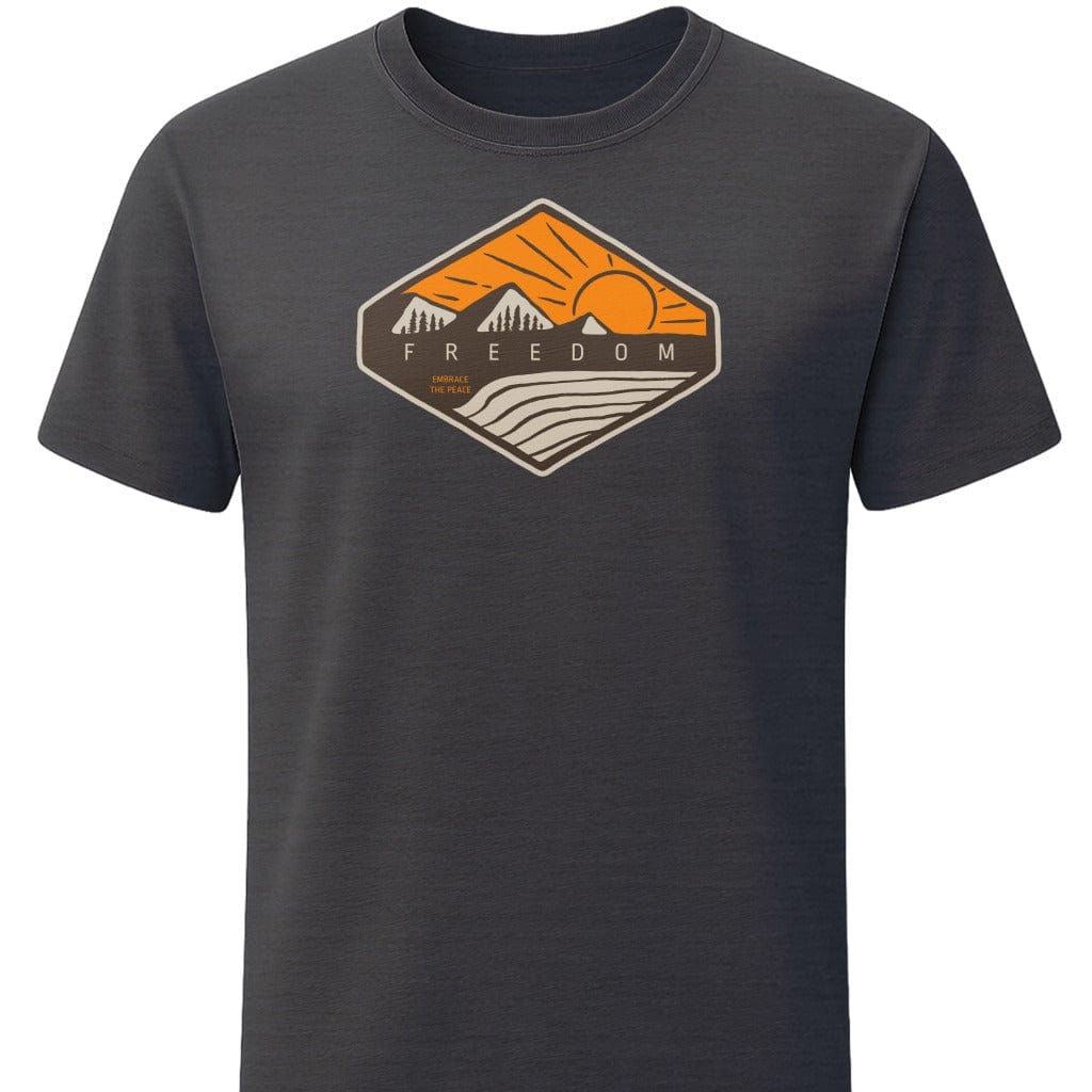 Freedom Mountain Peaks T-Shirt In S / Dark Heather Lightweight adventure tee for outdoor lovers Perfect for hiking camping or road trips Made from soft breathable cotton for all-day comfort Ideal for nature lovers and adventurers FAYO Threads outdoor apparel remember Fun Awaits You Outside
