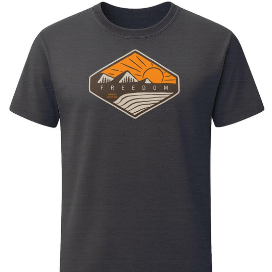 Freedom Mountain Peaks T-Shirt In S / Dark Heather Lightweight adventure tee for outdoor lovers Perfect for hiking camping or road trips Made from soft breathable cotton for all-day comfort Ideal for nature lovers and adventurers FAYO Threads outdoor apparel remember Fun Awaits You Outside