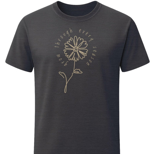 Grow Through Every Season T-Shirt In S / Dark Heather Lightweight adventure tee for outdoor lovers Perfect for hiking camping or road trips Made from soft breathable cotton for all-day comfort Ideal for nature lovers and adventurers FAYO Threads outdoor apparel remember Fun Awaits You Outside