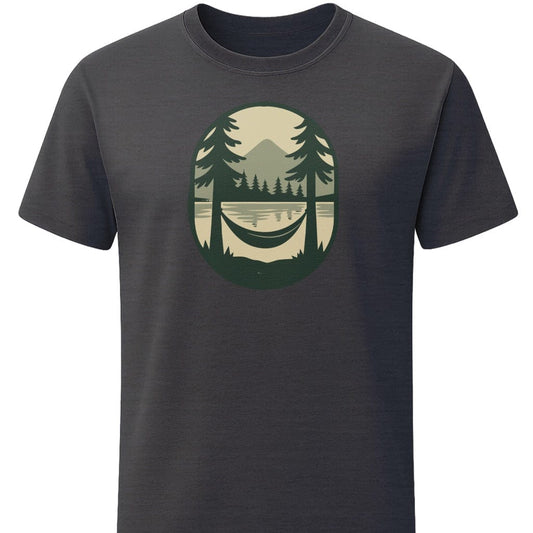 Hammock Lake T-Shirt In S / Dark Heather Lightweight adventure tee for outdoor lovers Perfect for hiking camping or road trips Made from soft breathable cotton for all-day comfort Ideal for nature lovers and adventurers FAYO Threads outdoor apparel remember Fun Awaits You Outside