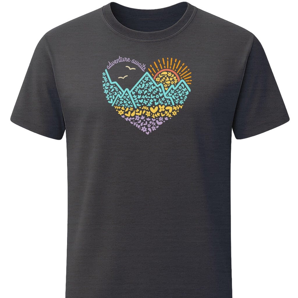 Heart Adventure Awaits T-Shirt In S / Dark Heather Lightweight adventure tee for outdoor lovers Perfect for hiking camping or road trips Made from soft breathable cotton for all-day comfort Ideal for nature lovers and adventurers FAYO Threads outdoor apparel remember Fun Awaits You Outside