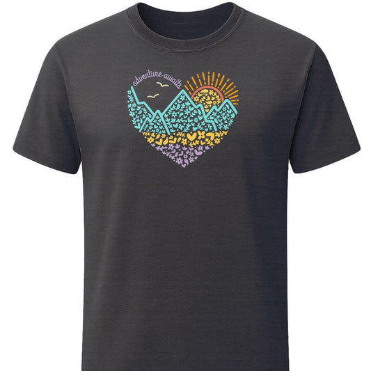 Heart Adventure Awaits T-Shirt In S / Dark Heather Lightweight adventure tee for outdoor lovers Perfect for hiking camping or road trips Made from soft breathable cotton for all-day comfort Ideal for nature lovers and adventurers FAYO Threads outdoor apparel remember Fun Awaits You Outside