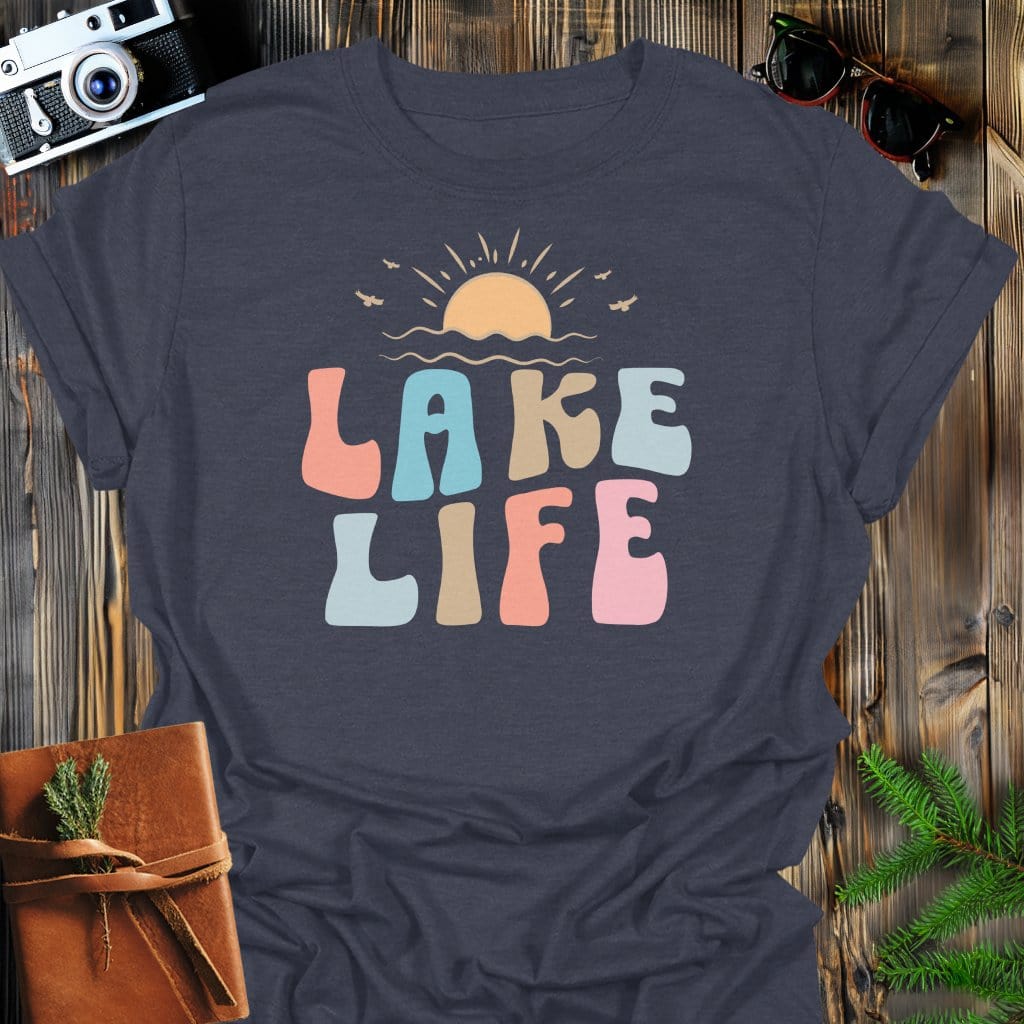 Lake Life Sunset T-Shirt In Dark Heather / S Lightweight adventure tee for outdoor lovers Perfect for hiking camping or road trips Made from soft breathable cotton for all-day comfort Ideal for nature lovers and adventurers FAYO Threads outdoor apparel remember Fun Awaits You Outside