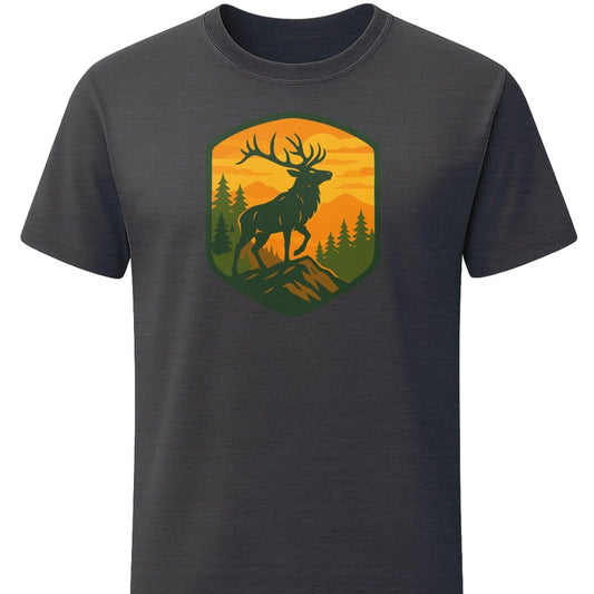 Majestic Retro Elk T-Shirt In S / Dark Heather Lightweight adventure tee for outdoor lovers Perfect for hiking camping or road trips Made from soft breathable cotton for all-day comfort Ideal for nature lovers and adventurers FAYO Threads outdoor apparel remember Fun Awaits You Outside