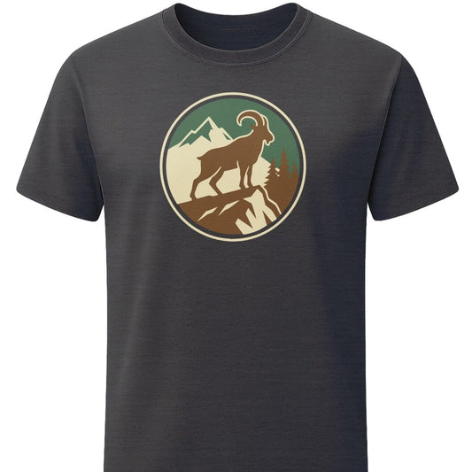 Mountain Goat Badge T-Shirt In S / Dark Heather Lightweight adventure tee for outdoor lovers Perfect for hiking camping or road trips Made from soft breathable cotton for all-day comfort Ideal for nature lovers and adventurers FAYO Threads outdoor apparel remember Fun Awaits You Outside