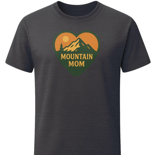 Mountain Mom Heart T-Shirt In S / Dark Heather Lightweight adventure tee for outdoor lovers Perfect for hiking camping or road trips Made from soft breathable cotton for all-day comfort Ideal for nature lovers and adventurers FAYO Threads outdoor apparel remember Fun Awaits You Outside