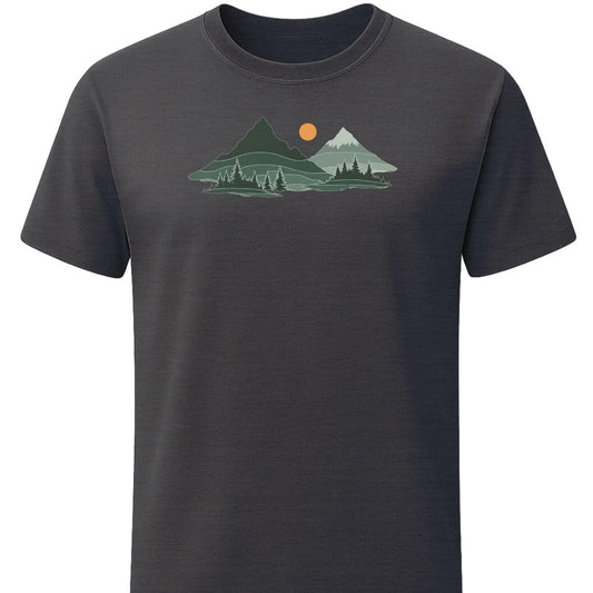 Mountain Sunset T-Shirt In S / Dark Heather Lightweight adventure tee for outdoor lovers Perfect for hiking camping or road trips Made from soft breathable cotton for all-day comfort Ideal for nature lovers and adventurers FAYO Threads outdoor apparel remember Fun Awaits You Outside