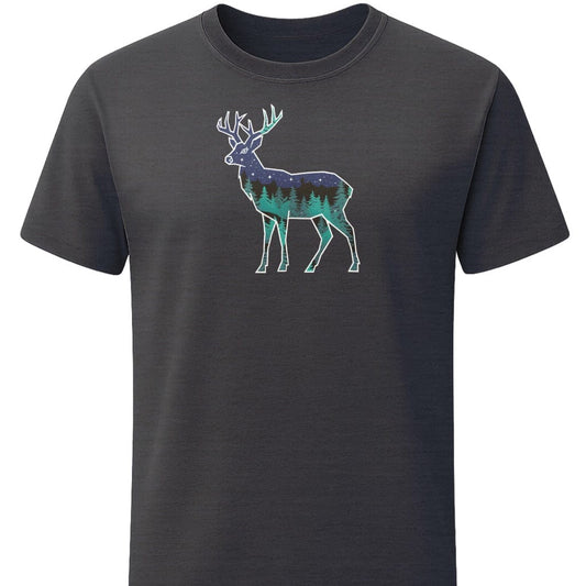 Night Sky Buck T-Shirt In S / Dark Heather Lightweight adventure tee for outdoor lovers Perfect for hiking camping or road trips Made from soft breathable cotton for all-day comfort Ideal for nature lovers and adventurers FAYO Threads outdoor apparel remember Fun Awaits You Outside