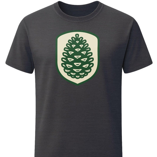 Pinecone Badge T-Shirt In S / Dark Heather Lightweight adventure tee for outdoor lovers Perfect for hiking camping or road trips Made from soft breathable cotton for all-day comfort Ideal for nature lovers and adventurers FAYO Threads outdoor apparel remember Fun Awaits You Outside
