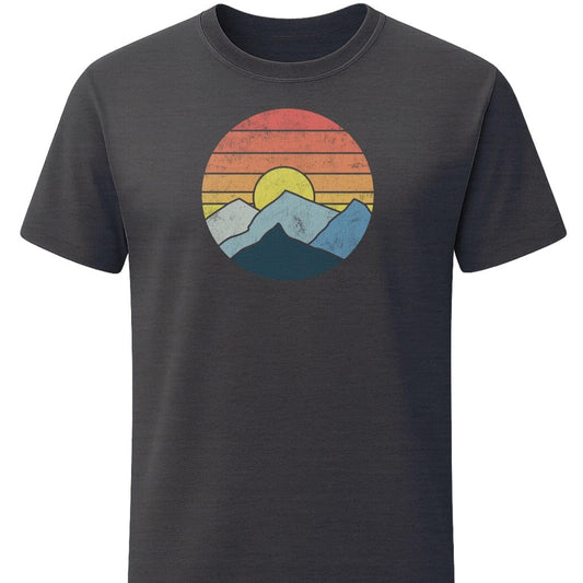 Retro Distressed Mountain Sunset T-Shirt In S / Dark Heather Lightweight adventure tee for outdoor lovers Perfect for hiking camping or road trips Made from soft breathable cotton for all-day comfort Ideal for nature lovers and adventurers FAYO Threads outdoor apparel remember Fun Awaits You Outside
