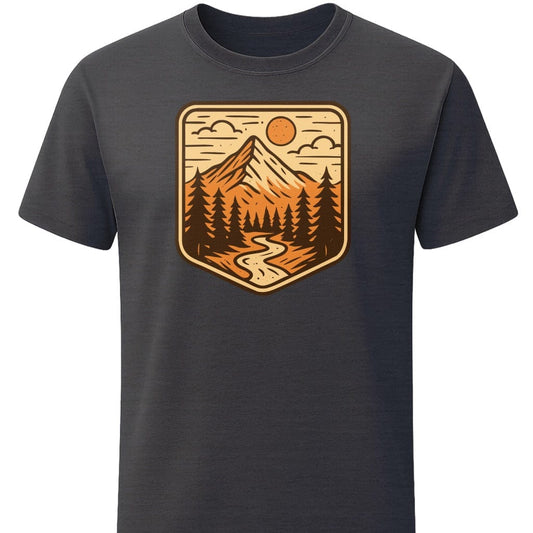 Retro Mountain River T-Shirt In S / Dark Heather Lightweight adventure tee for outdoor lovers Perfect for hiking camping or road trips Made from soft breathable cotton for all-day comfort Ideal for nature lovers and adventurers FAYO Threads outdoor apparel remember Fun Awaits You Outside
