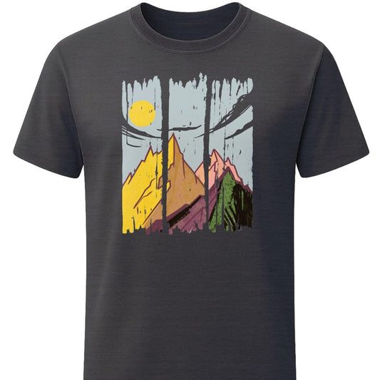Sunset Peaks T-Shirt In S / Dark Heather Lightweight adventure tee for outdoor lovers Perfect for hiking camping or road trips Made from soft breathable cotton for all-day comfort Ideal for nature lovers and adventurers FAYO Threads outdoor apparel remember Fun Awaits You Outside