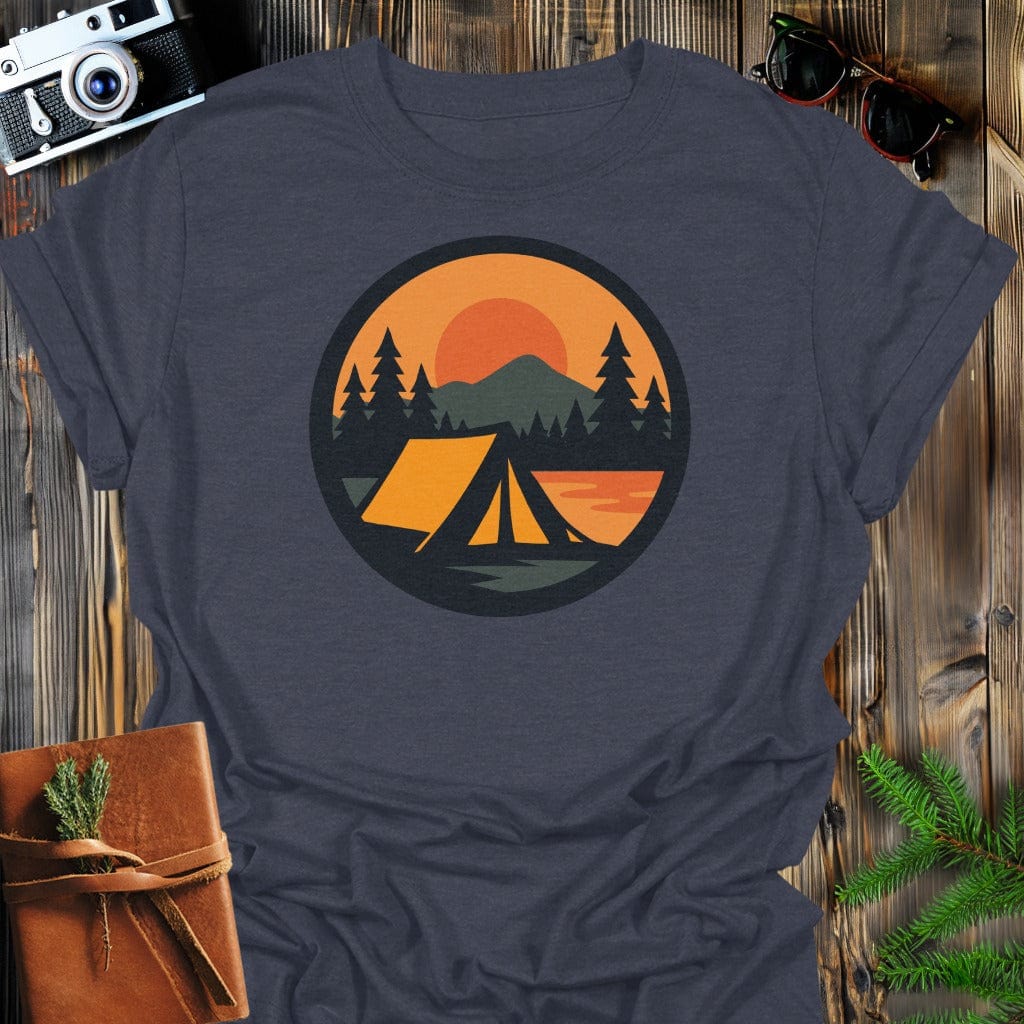 Sunset Tent T-Shirt In S / Dark Heather Lightweight adventure tee for outdoor lovers Perfect for hiking camping or road trips Made from soft breathable cotton for all-day comfort Ideal for nature lovers and adventurers FAYO Threads outdoor apparel remember Fun Awaits You Outside