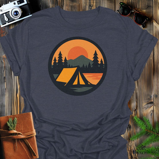 Sunset Tent T-Shirt In S / Dark Heather Lightweight adventure tee for outdoor lovers Perfect for hiking camping or road trips Made from soft breathable cotton for all-day comfort Ideal for nature lovers and adventurers FAYO Threads outdoor apparel remember Fun Awaits You Outside