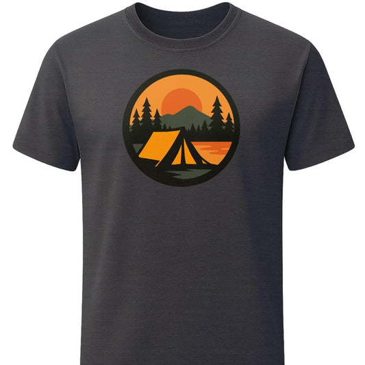 Sunset Tent T-Shirt In S / Dark Heather Lightweight adventure tee for outdoor lovers Perfect for hiking camping or road trips Made from soft breathable cotton for all-day comfort Ideal for nature lovers and adventurers FAYO Threads outdoor apparel remember Fun Awaits You Outside