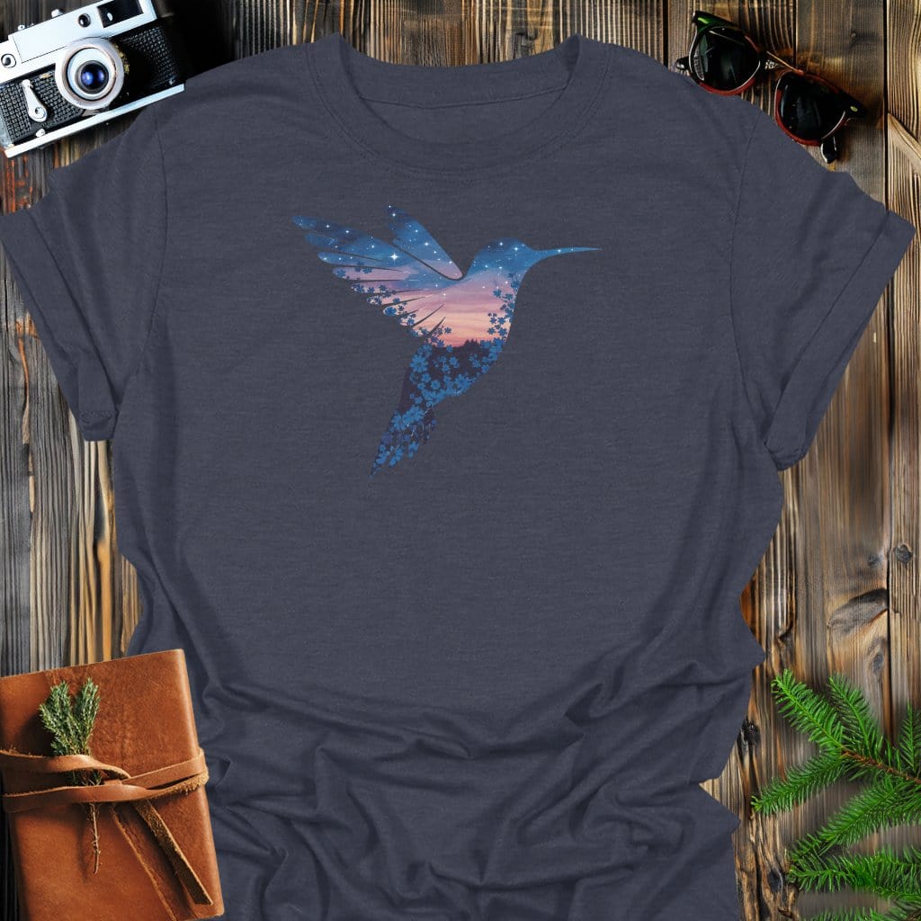 Twilight Hummingbird T-Shirt In Dark Heather / S Lightweight adventure tee for outdoor lovers Perfect for hiking camping or road trips Made from soft breathable cotton for all-day comfort Ideal for nature lovers and adventurers FAYO Threads outdoor apparel remember Fun Awaits You Outside