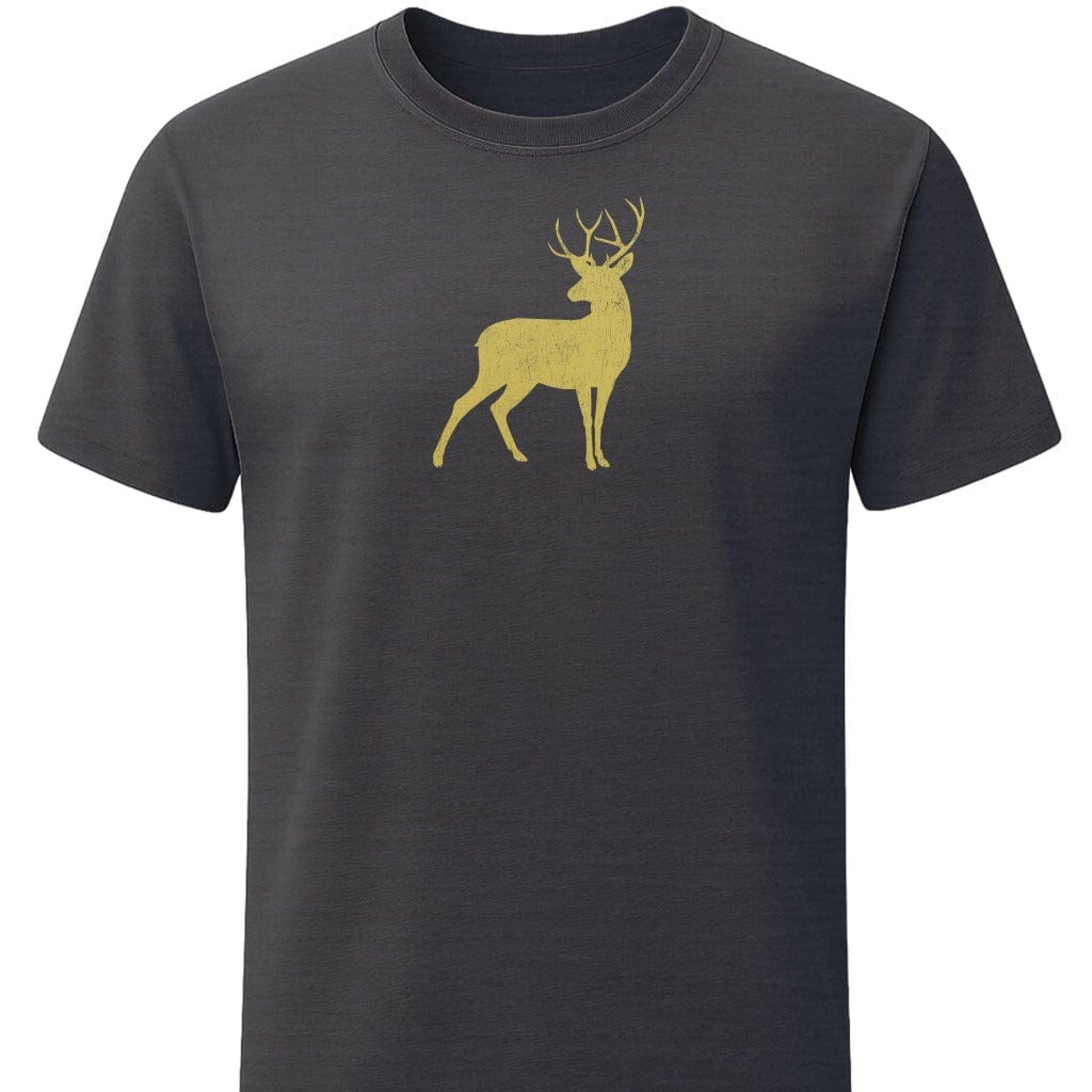 Vintage Golden Buck T-Shirt In S / Dark Heather Lightweight adventure tee for outdoor lovers Perfect for hiking camping or road trips Made from soft breathable cotton for all-day comfort Ideal for nature lovers and adventurers FAYO Threads outdoor apparel remember Fun Awaits You Outside