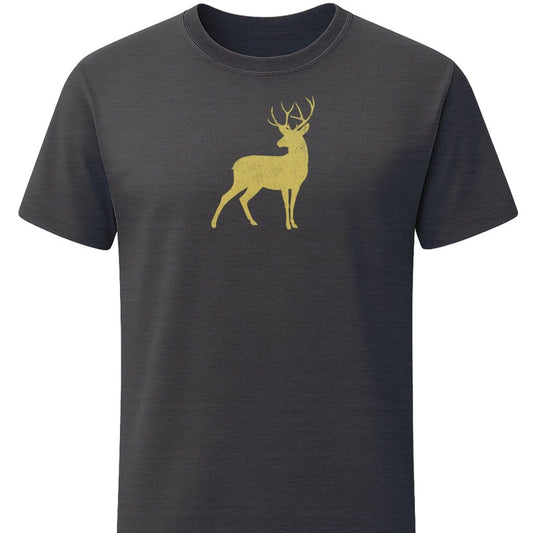 Vintage Golden Buck T-Shirt In S / Dark Heather Lightweight adventure tee for outdoor lovers Perfect for hiking camping or road trips Made from soft breathable cotton for all-day comfort Ideal for nature lovers and adventurers FAYO Threads outdoor apparel remember Fun Awaits You Outside