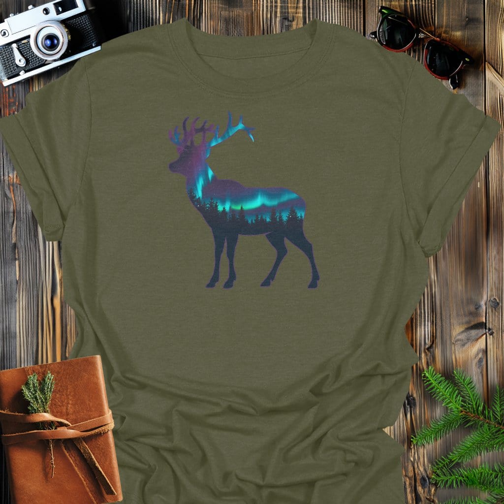 Aurora Stag T-Shirt In Military Green / S Lightweight adventure tee for outdoor lovers Perfect for hiking camping or road trips Made from soft breathable cotton for all-day comfort Ideal for nature lovers and adventurers FAYO Threads outdoor apparel remember Fun Awaits You Outside