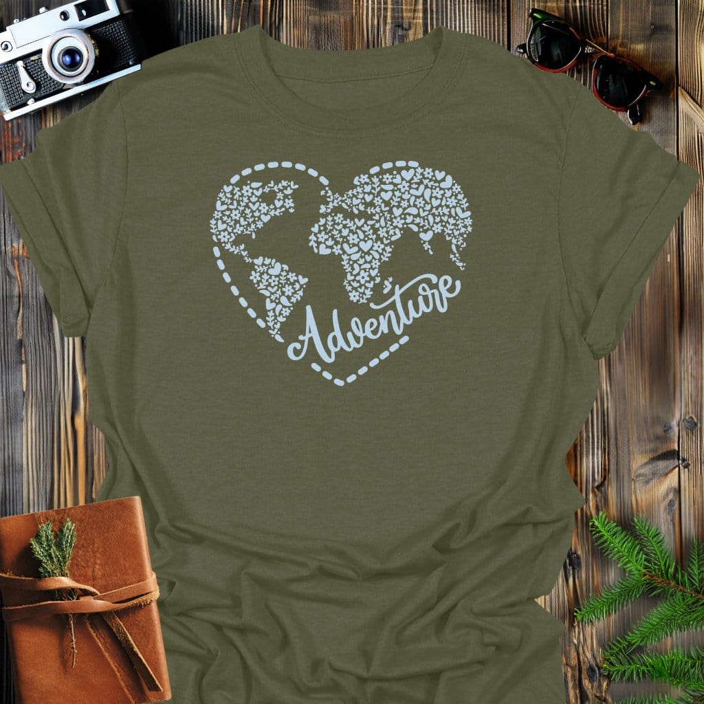 Aventure Heart T-Shirt In Military Green / S Lightweight adventure tee for outdoor lovers Perfect for hiking camping or road trips Made from soft breathable cotton for all-day comfort Ideal for nature lovers and adventurers FAYO Threads outdoor apparel remember Fun Awaits You Outside
