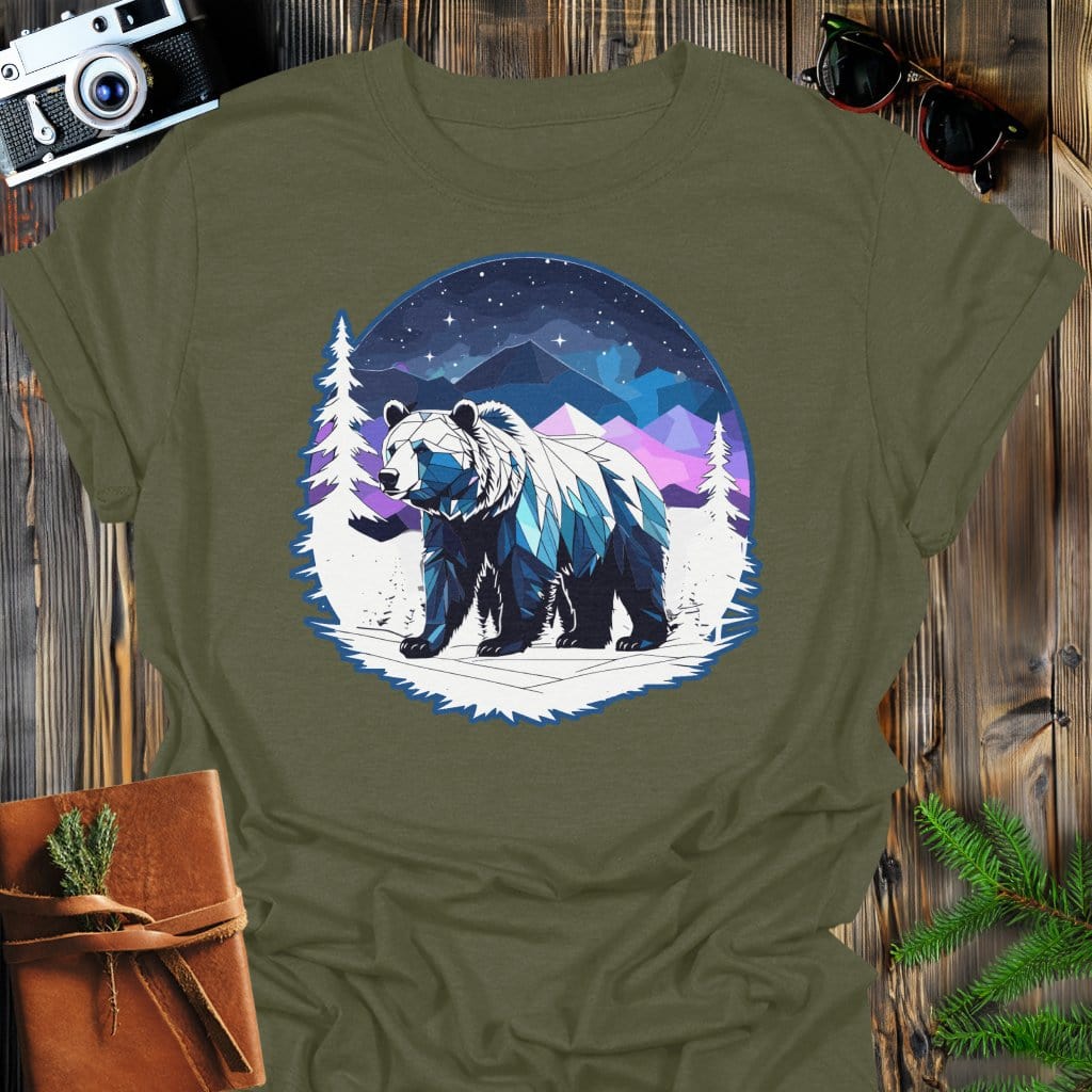 Crystal Bear T-Shirt In Military Green / S Lightweight adventure tee for outdoor lovers Perfect for hiking camping or road trips Made from soft breathable cotton for all-day comfort Ideal for nature lovers and adventurers FAYO Threads outdoor apparel remember Fun Awaits You Outside