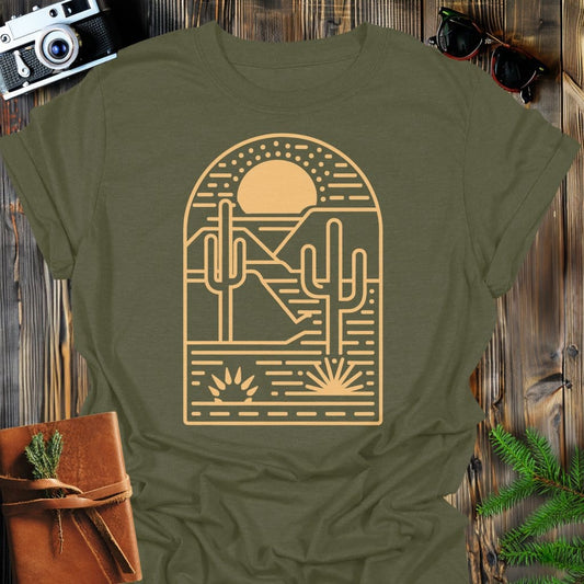 Desert Sun T-Shirt In Military Green / S Lightweight adventure tee for outdoor lovers Perfect for hiking camping or road trips Made from soft breathable cotton for all-day comfort Ideal for nature lovers and adventurers FAYO Threads outdoor apparel remember Fun Awaits You Outside