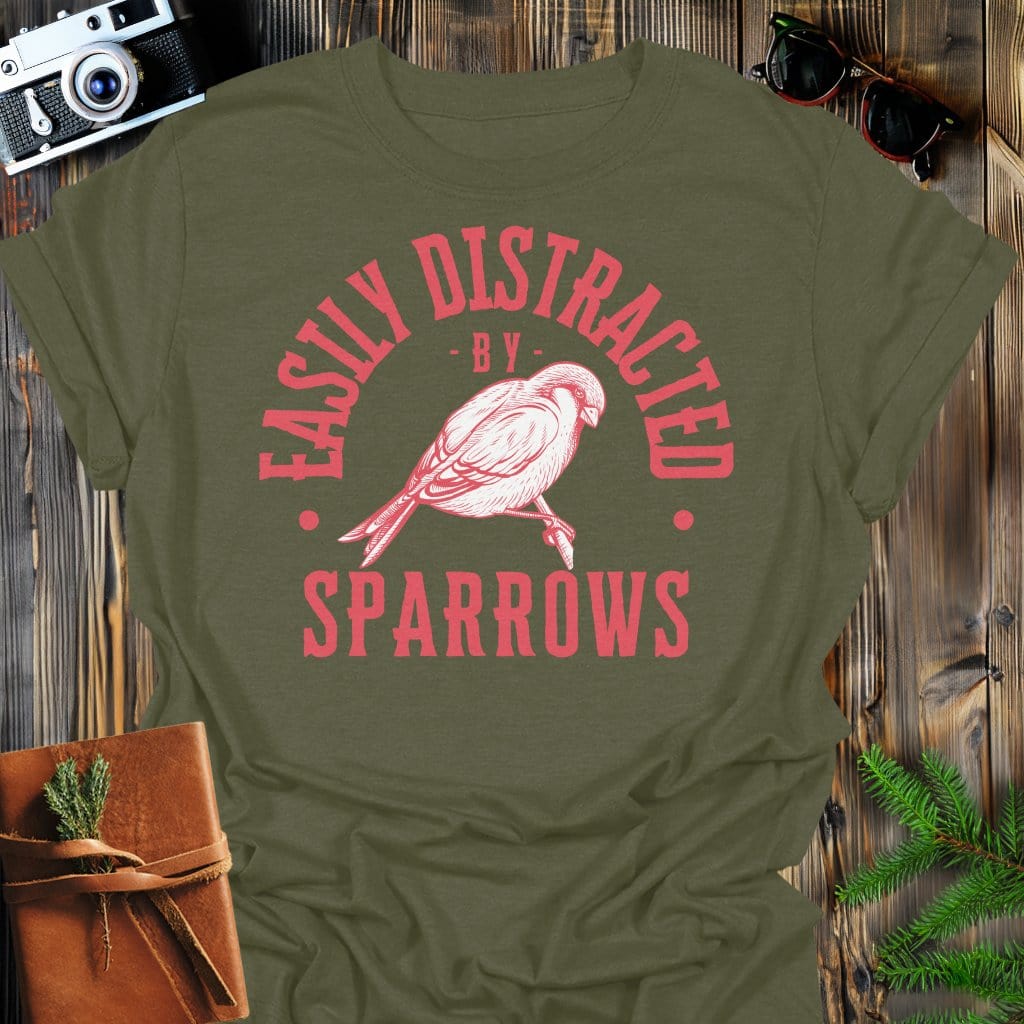 Distracted by Sparrows T-Shirt In S / Military Green Lightweight adventure tee for outdoor lovers Perfect for hiking camping or road trips Made from soft breathable cotton for all-day comfort Ideal for nature lovers and adventurers FAYO Threads outdoor apparel remember Fun Awaits You Outside