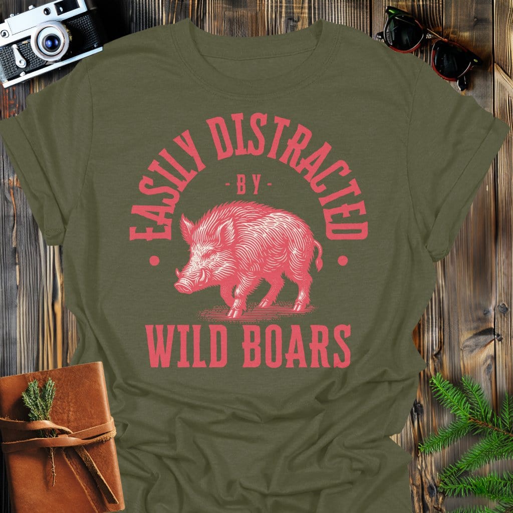 Distracted by Wild Boars T-Shirt In S / Military Green Lightweight adventure tee for outdoor lovers Perfect for hiking camping or road trips Made from soft breathable cotton for all-day comfort Ideal for nature lovers and adventurers FAYO Threads outdoor apparel remember Fun Awaits You Outside