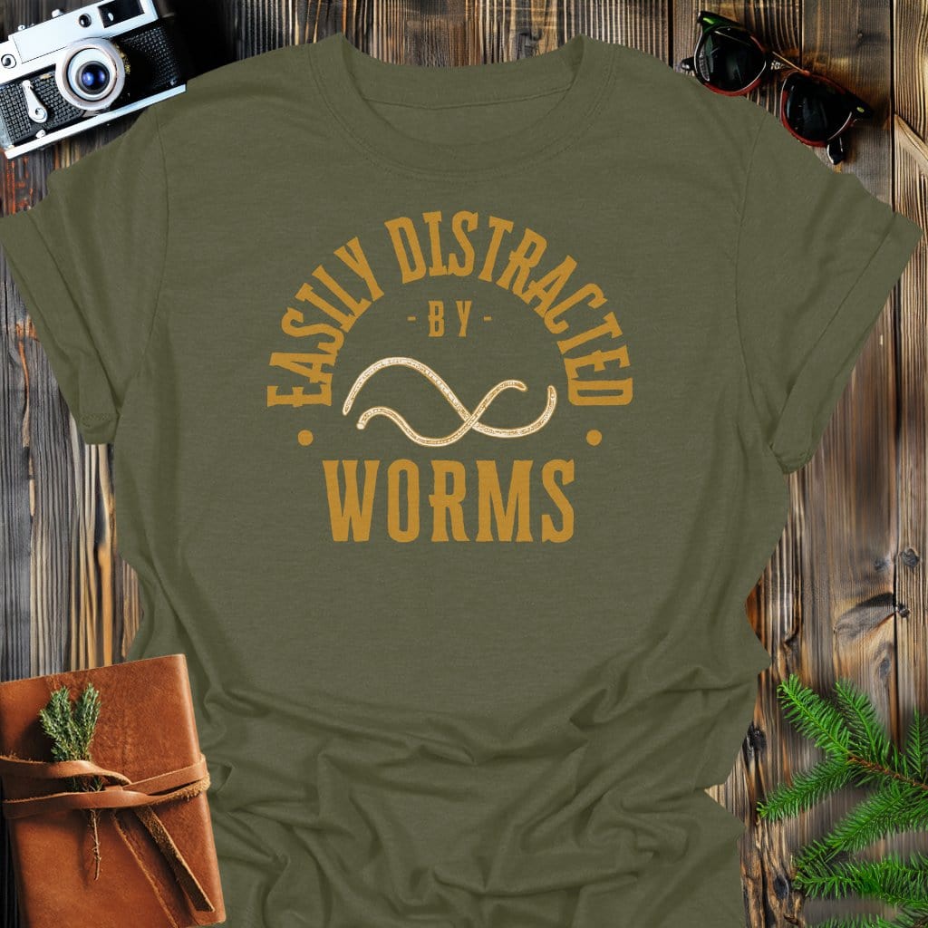Distracted By Worms T-Shirt In S / Military Green Lightweight adventure tee for outdoor lovers Perfect for hiking camping or road trips Made from soft breathable cotton for all-day comfort Ideal for nature lovers and adventurers FAYO Threads outdoor apparel remember Fun Awaits You Outside