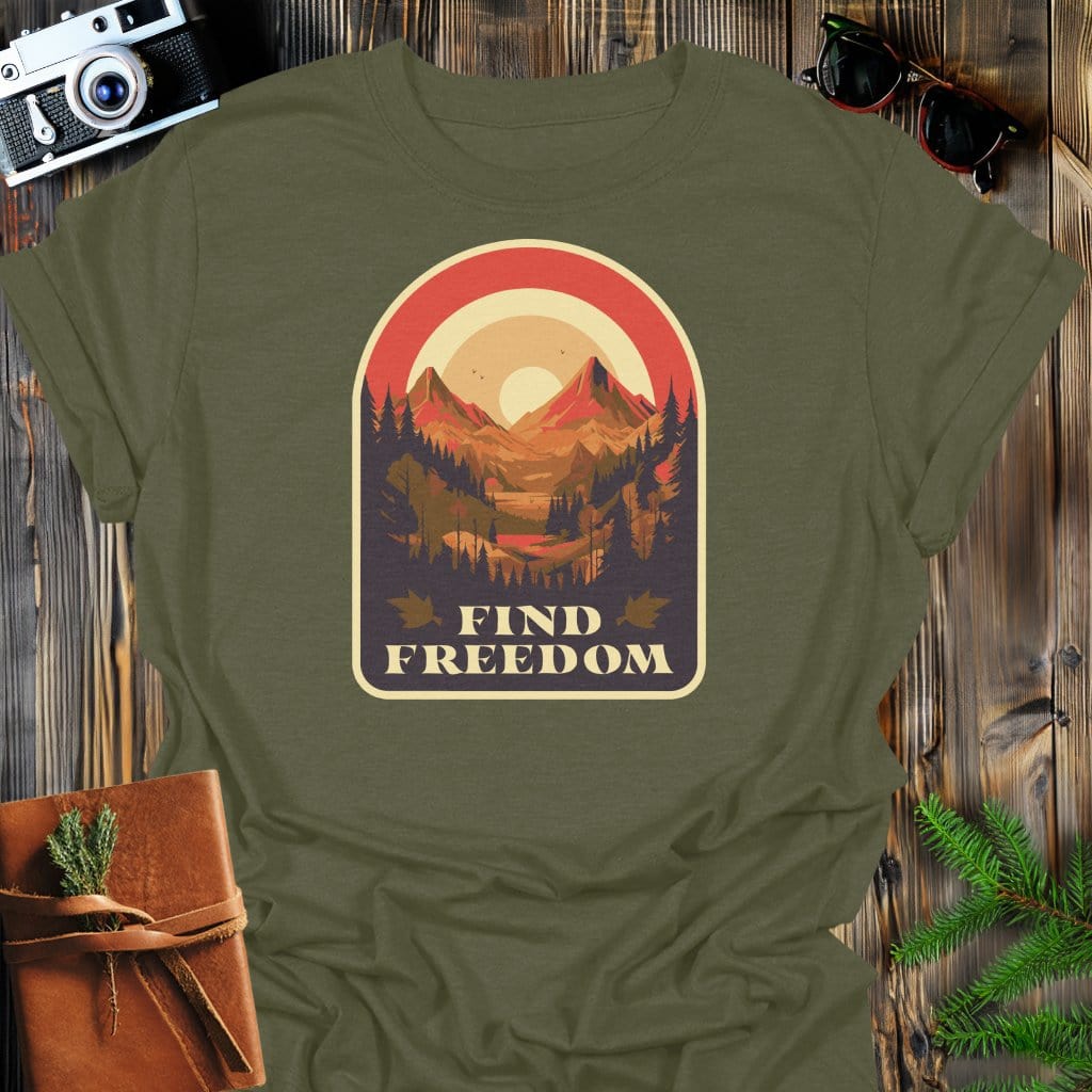Find Freedom T-Shirt In Military Green / S Lightweight adventure tee for outdoor lovers Perfect for hiking camping or road trips Made from soft breathable cotton for all-day comfort Ideal for nature lovers and adventurers FAYO Threads outdoor apparel remember Fun Awaits You Outside