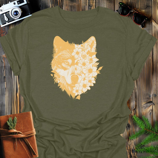 Floral Wolf T-Shirt In Military Green / S Lightweight adventure tee for outdoor lovers Perfect for hiking camping or road trips Made from soft breathable cotton for all-day comfort Ideal for nature lovers and adventurers FAYO Threads outdoor apparel remember Fun Awaits You Outside