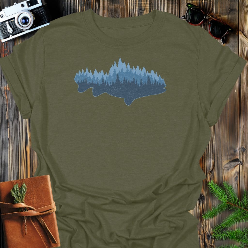 Forest Fish T-Shirt In Military Green / S Lightweight adventure tee for outdoor lovers Perfect for hiking camping or road trips Made from soft breathable cotton for all-day comfort Ideal for nature lovers and adventurers FAYO Threads outdoor apparel remember Fun Awaits You Outside