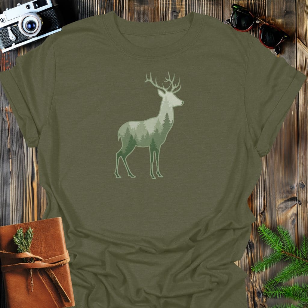 Forest Stag T-Shirt In Military Green / S Lightweight adventure tee for outdoor lovers Perfect for hiking camping or road trips Made from soft breathable cotton for all-day comfort Ideal for nature lovers and adventurers FAYO Threads outdoor apparel remember Fun Awaits You Outside