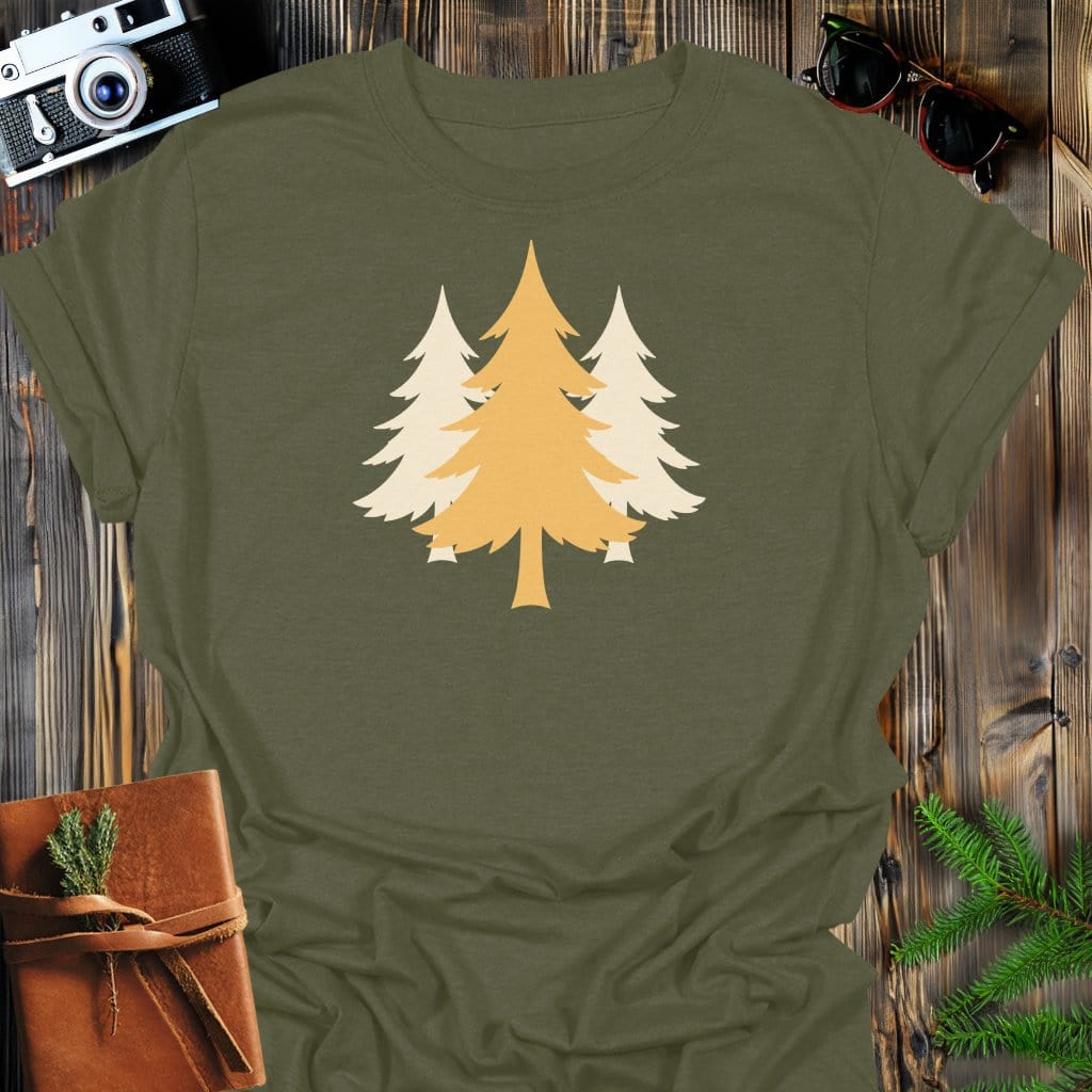 Golden Evergreen T-Shirt In Military Green / S Lightweight adventure tee for outdoor lovers Perfect for hiking camping or road trips Made from soft breathable cotton for all-day comfort Ideal for nature lovers and adventurers FAYO Threads outdoor apparel remember Fun Awaits You Outside