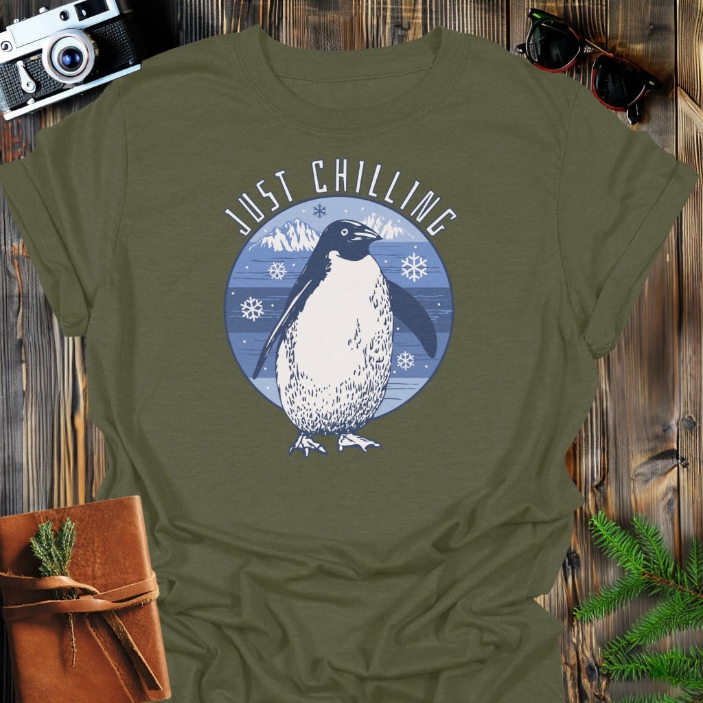 Just Chilling T-Shirt In Military Green / S Lightweight adventure tee for outdoor lovers Perfect for hiking camping or road trips Made from soft breathable cotton for all-day comfort Ideal for nature lovers and adventurers FAYO Threads outdoor apparel remember Fun Awaits You Outside