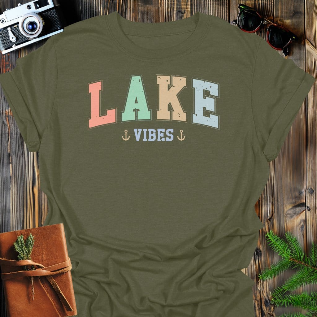 Lake Vibes T-Shirt In Military Green / S Lightweight adventure tee for outdoor lovers Perfect for hiking camping or road trips Made from soft breathable cotton for all-day comfort Ideal for nature lovers and adventurers FAYO Threads outdoor apparel remember Fun Awaits You Outside