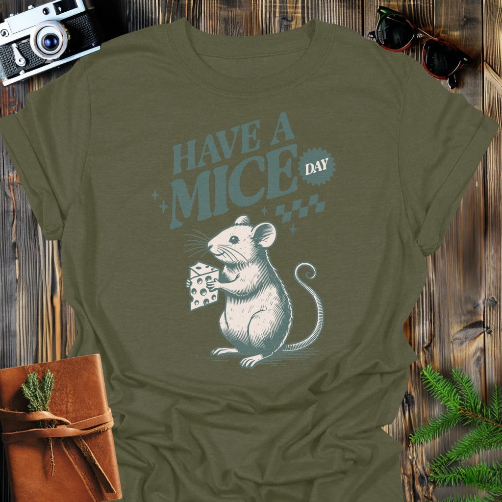 Mice Day T-Shirt In Military Green / S Lightweight adventure tee for outdoor lovers Perfect for hiking camping or road trips Made from soft breathable cotton for all-day comfort Ideal for nature lovers and adventurers FAYO Threads outdoor apparel remember Fun Awaits You Outside