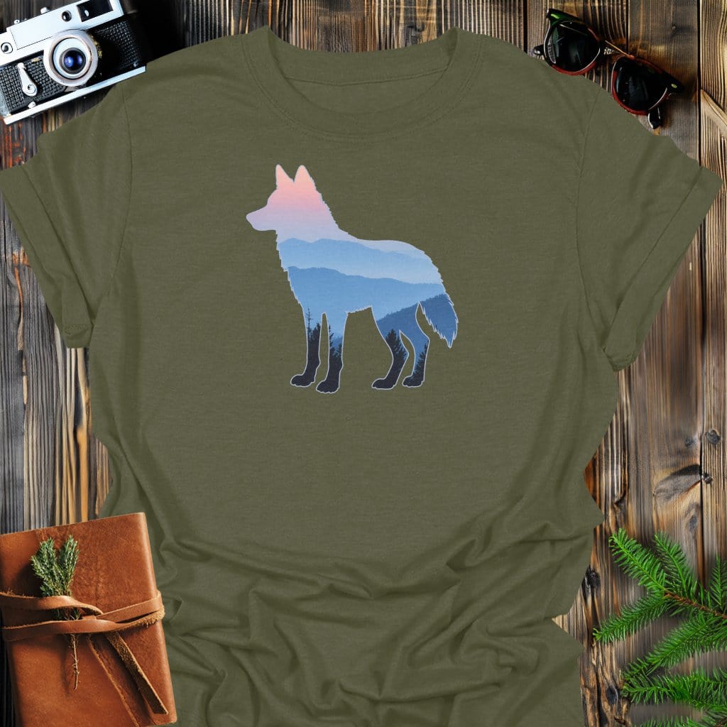 Mountain Wolf T-Shirt In Military Green / S Lightweight adventure tee for outdoor lovers Perfect for hiking camping or road trips Made from soft breathable cotton for all-day comfort Ideal for nature lovers and adventurers FAYO Threads outdoor apparel remember Fun Awaits You Outside
