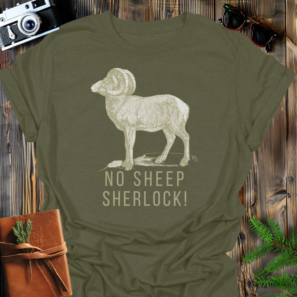 No Sheep Sherlock T-Shirt In Military Green / S Lightweight adventure tee for outdoor lovers Perfect for hiking camping or road trips Made from soft breathable cotton for all-day comfort Ideal for nature lovers and adventurers FAYO Threads outdoor apparel remember Fun Awaits You Outside