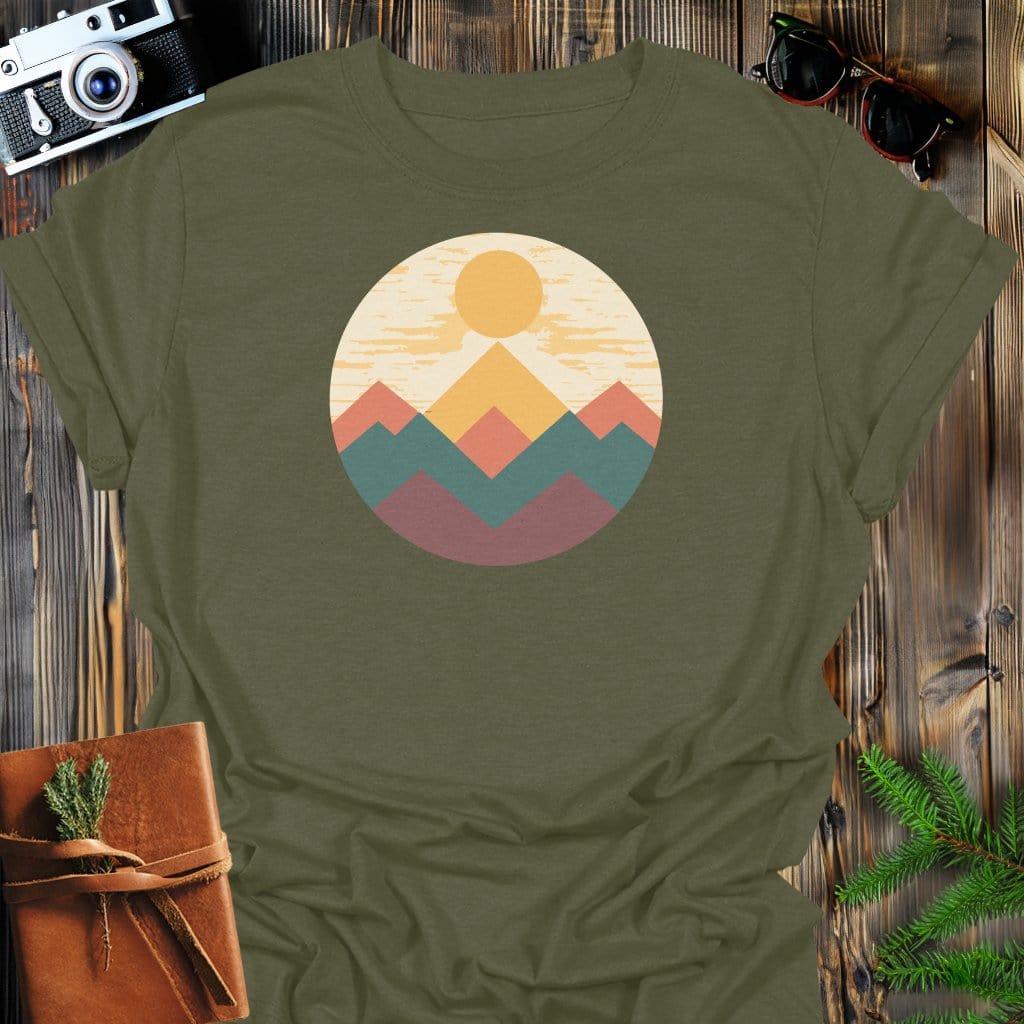 Retro Horizon T-Shirt In Military Green / S Lightweight adventure tee for outdoor lovers Perfect for hiking camping or road trips Made from soft breathable cotton for all-day comfort Ideal for nature lovers and adventurers FAYO Threads outdoor apparel remember Fun Awaits You Outside